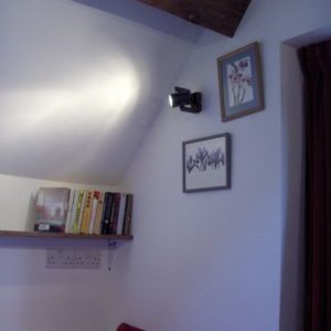 A section of white wall under an angled roof containing framed pictures and a small black spotlight, beside a shelf of books.